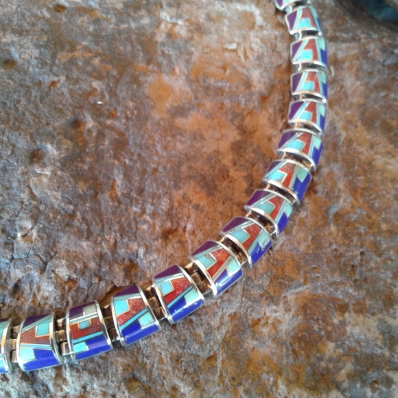 Sterling Silver multi inlay choker necklace set - Picture 8 of 16